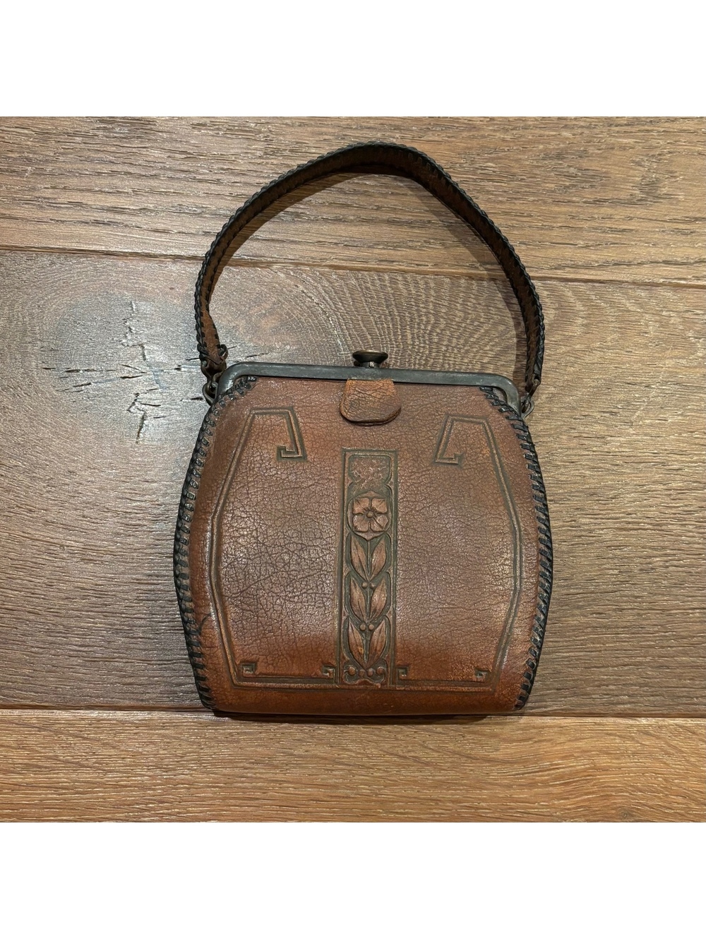 Vintage 1910-1920’s Art Nouveau Hand-Tooled Leather with Turn Lock Clasp